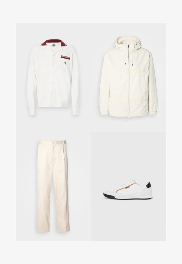 Lehká, krémově zbarvená bunda s kapucí, zipem vpředu, elastickými manžetami a klokaní kapsou. Hladká látka s minimem švových detailů.; Bílá košile s dlouhým rukávem vyrobená z texturované látky, s bordó límečkem a kapsou, která má bordó akcent a vyšívaný design.; Bežové bavlněné kalhoty se střihy rovného nohavice, s knoflíkovým zapínáním a záhyby vpředu pro zvýraznění detailu.; Bílé sportovní boty s akcenty z meshe a kůže. Mají zlaté logo "BOSS", texturované boční panely a černý podpatek. Gumová podrážka.