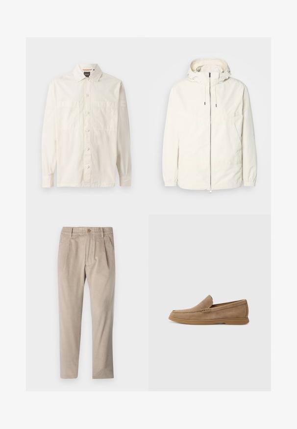 Lahka, svetločrna jakna s kapuco, z zadrgo spredaj, elastičnimi manšetami in kenguru žepom. Gladka tkanina z minimalnimi šivi.; Bež srajca z dolgimi rokavi, izdelana iz lahkega materiala, z gumbnim zapenjanjem spredaj, dvema žepoma na prsih in blagovno znamko na rokavu.; Bež hlače iz kordura z elastičnim pasom, zapiranjem na gumb in detajli nabora, z ravnim krojem nogavice in teksturirano tkanino.; Rjave semiš slip-on loafers z gladko teksturo in šivanim detajlom; vključujejo gumijast podplat za oprijem.