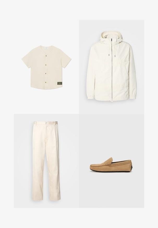 Lightweight, cream-colored jacket with a hood, zip front, elastic cuffs, and a kangaroo pocket. Smooth fabric with minimal stitching details.; Short-sleeve, button-up shirt in cream fabric. Features a v-neckline, five brown buttons, and a green label on the bottom right.; Beige cotton trousers with a straight-leg cut, featuring a button closure and pleats at the front for added detail.; Beige suede moccasin shoe with a stitched toe, slip-on design, and black rubber sole. Features subtle branding on the side.