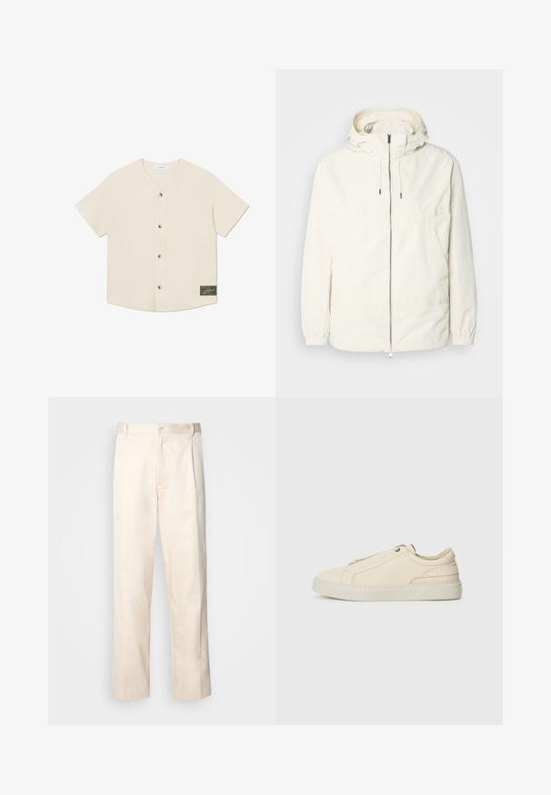 Giacca leggera di colore crema con cappuccio, chiusura frontale con zip, polsini elastici e tasca a marsupio. Tessuto liscio con dettagli di cucitura minimi.; Camicia a maniche corte e bottoni in tessuto color crema. Presenta un colletto a V, cinque bottoni marroni e un'etichetta verde in basso a destra.; Pantaloni in cotone beige con taglio dritto, dotati di chiusura a bottone e pence sul davanti per un tocco di dettaglio in più.; Sneaker in pelle beige con punta arrotondata, design minimalista, dettagli di cucitura sottili e una parte superiore testurizzata, su una suola chiara.