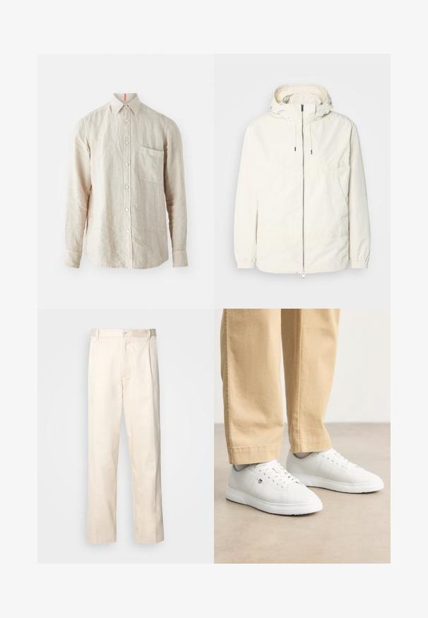 Lehká, krémově zbarvená bunda s kapucí, zipem vpředu, elastickými manžetami a klokaní kapsou. Hladká látka s minimem švových detailů.; Béžová lněná košile s dlouhými rukávy, zapínáním na knoflíky vpředu, jednou náprsní kapsou a jemnou texturou. Oranžový akcent na výstřihu.; Bežové bavlněné kalhoty se střihy rovného nohavice, s knoflíkovým zapínáním a záhyby vpředu pro zvýraznění detailu.; Bílé kožené tenisky s hladkým povrchem, kulatou špičkou, šněrováním a decentním logem na boku, spárované s béžovými kalhotami.