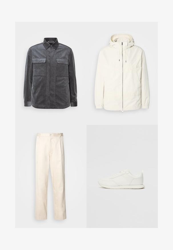 Lehká, krémově zbarvená bunda s kapucí, zipem vpředu, elastickými manžetami a klokaní kapsou. Hladká látka s minimem švových detailů.; Černá a šedě pruhovaná manšestrová košile s límečkem na knoflíky, dvěma náprsními kapsami a dlouhými rukávy. Texturovaná tkanina s hladkým povrchem.; Bežové bavlněné kalhoty se střihy rovného nohavice, s knoflíkovým zapínáním a záhyby vpředu pro zvýraznění detailu.; Bílé tenisky s vrchní částí z síťoviny a syntetického materiálu, kulatou špičkou, plochými tkaničkami a texturovaným bočním pruhem. Gumová podrážka s poutkem vzadu.