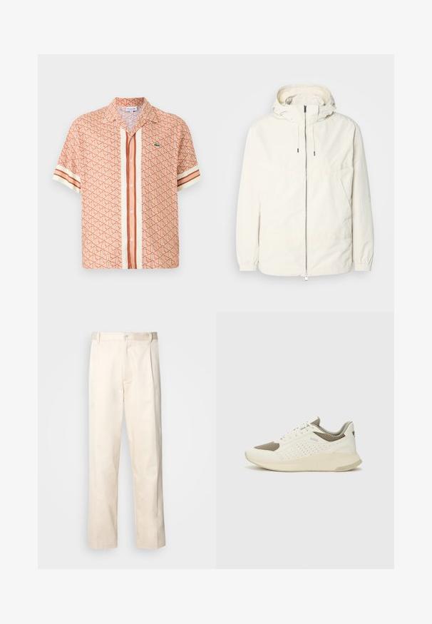 Lengvas, kreminės spalvos švarkas su kapišonu, užtrauktuku priekyje, elastingomis rankovėmis ir kengūros kišene. Lygus audinys su minimaliais siūlių detalėmis.; Trumpas rankovės marškiniai koralinėje spalvoje, su geometriniu raštu, vertikaliomis juostelėmis ir mažai logotipo detale ant krūtinės. Priekyje užsegama mygtukais.; Bežinės medvilninės kelnės su tiesiu kirpimu, turinčios mygtuko uždarymą ir priekyje raukšles papildomai dekoratyviam akcentui.; Baltas ir šviesiai bežinis sportinis kedas, su tinklo viršumi, perforuotais detalėmis ir tekstūruotu tarpine su logotipu ant kulno.