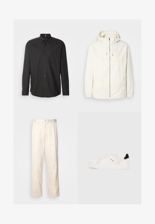 Könnyű, tejszínszínű dzseki kapucnival, cipzáras elülső résszel, rugalmas mandzsettákkal és kenguruzsebbel. Simaszerű anyag minimális varrási részletekkel.; Fekete, hosszú ujjú ing könnyű anyagból. Gombos gallérral, elülső gombokkal és hímzett logóval a mellrészen.; Beige pamut nadrág egyenes szárú kivágással, gombos záródással és elülső redőkkel a részletek fokozása érdekében.; Fehér sportcipők világos rózsaszín és fekete részletekkel, sima bőrből és velúrból készült panelek, kerek orr és lapos gumitalp.