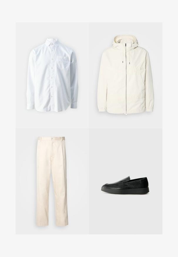 Lekka, kremowa kurtka z kapturem, zapinana na zamek, z elastycznymi mankietami i kieszenią typu kangur. Gładki materiał z minimalnymi detalami szwów.; Guess COLLIN biały; Beżowe bawełniane spodnie o prostym kroju nogawki, z zapięciem na guziki i plisami z przodu dla dodatkowego zdobienia.; Calvin Klein HYBRID CUP czarny