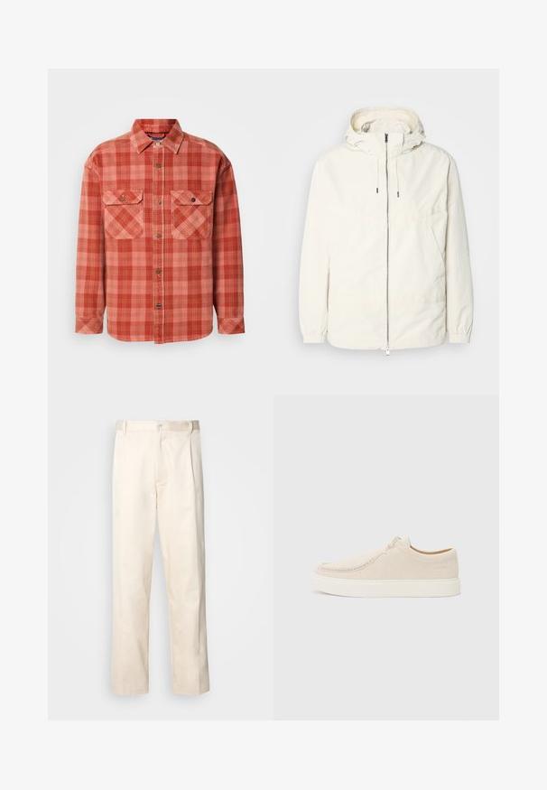 Kevyt, kermaisen valkoinen takki, jossa on huppu, vetoketjusuljenta, joustavat hihansuut ja kengurupocket. Sujuva kangas, jossa on minimaalista ompelutapaa.; Punaiset ja vaaleanpunaiset ruudulliset flanellipaidat pitkillä hihoilla, nappikauluksella, kahdella rintataskulla ja erottuvilla napin yksityiskohdilla.; Vaaleanbeige puuvillahousut, joissa on suora lahje, varustettu nappisulkeisella ja etupuolella olevilla laskoksilla lisäyksinä.; Vaalea beige mokkanahkakengät, joissa on pyöreä kärki, minimaalinen ommel ja valkoinen kumipohja. Mukana yksinkertainen nauhakiristys ja brändäysyksityiskohta.