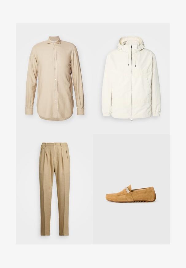 Gaisas, krēmkrāsas jaka ar kapuci, ar rāvējslēdzēju priekšpusē, elastīgām aprocēm un kangaroo kabatu. Gluda auduma virsma ar minimālām šuvju detaļām.; Gaiši brūns plāna auduma krekls ar garām piedurknēm, ar pogu aizdari, izkliedētu apkakli un izliekta apakšmalu ar smalku tekstūru.; Bēšas lina bikses ar taisnu griezumu, ar divām priekšējām krokām, pogu aizdari un sānu kabatām. Strukturēta auduma virsma ar gludu apdari.; MOSCHINO Mokasīni - beige