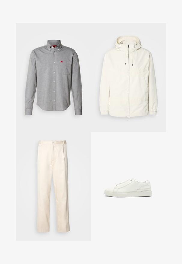 Giacca leggera di colore crema con cappuccio, chiusura frontale con zip, polsini elastici e tasca a marsupio. Tessuto liscio con dettagli di cucitura minimi.; Camicia grigia in cotone, con taschino sul petto e un piccolo logo rosso. Texture morbida, colletto strutturato e maniche lunghe.; Pantaloni in cotone beige con taglio dritto, dotati di chiusura a bottone e pence sul davanti per un tocco di dettaglio in più.; Sneaker bianca in pelle con tomaia testurizzata, punta tonda, design minimalista e suola in gomma con dettagli cuciti.