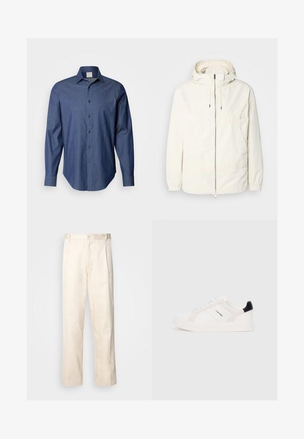 Lahka, svetločrna jakna s kapuco, z zadrgo spredaj, elastičnimi manšetami in kenguru žepom. Gladka tkanina z minimalnimi šivi.; Temno modra srajca s kratkimi rokavi iz tkanine z rahlo teksturo. Ima odprti ovratnik in dolge rokave z gumbnimi manšeti.; Bež cottone hlače s ravnim krojem, ki imajo gumbasto zapiranje in nabore spredaj za dodatne detajle.; Beli športni čevlji z svetlo roza in črnimi detajli, ki imajo gladke usnjene in semiš panele, okroglo konico in plitki gumijasti podplat.