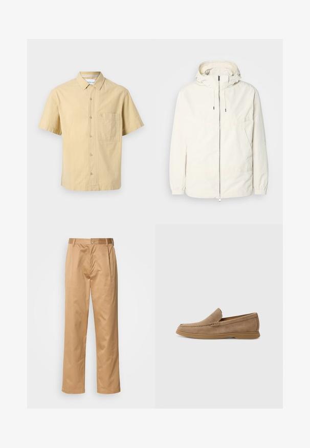 Lekka, kremowa kurtka z kapturem, zapinana na zamek, z elastycznymi mankietami i kieszenią typu kangur. Gładki materiał z minimalnymi detalami szwów.; Calvin Klein Jeans - Koszula; Spodnie khaki, z mieszanki bawełny, prosty krój nogawki, fałdy z przodu, pętle na pasek i zapięcie na guzik. Gładka tekstura bez wzorów.; Brązowe zamszowe mokasyny wsuwane o gładkiej fakturze i przeszyciach; mają gumową podeszwę zapewniającą przyczepność.