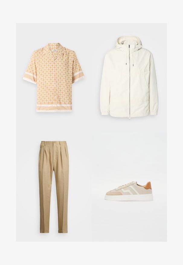 Leichte, cremefarbene Jacke mit Kapuze, Reißverschluss vorne, elastischen Bündchen und einer Kängurutasche. Glattes Gewebe mit minimalen Nähdetails.; Kurzarmhemd in hellgelb mit geometrischem Muster in Creme. Mit durchgehender Knopfleiste und kontrastierenden gemusterten Bündchen und Saum.; Beige Leinenhose mit geradem Schnitt, ausgestattet mit zwei vorderen Falten, einem Knopfverschluss und seitlichen Taschen. Strukturierter Stoff mit glatter Oberfläche.; Beige Sneaker aus einer Kombination von glattem Leder und Wildleder. Sie haben weiße Akzente, flache Schnürsenkel und eine leichte Plateau-Sohle.