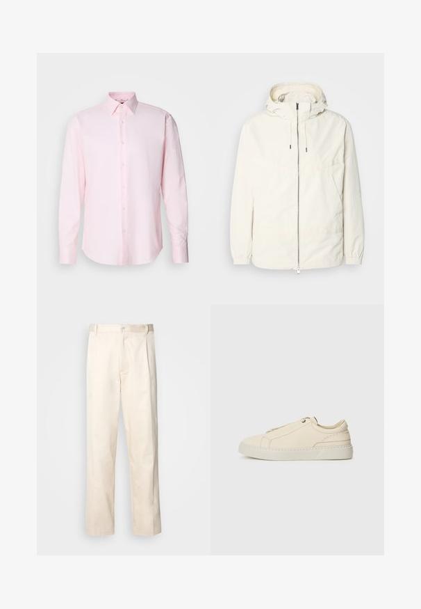 Könnyű, tejszínszínű dzseki kapucnival, cipzáras elülső résszel, rugalmas mandzsettákkal és kenguruzsebbel. Simaszerű anyag minimális varrási részletekkel.; Világos rózsaszín, hosszúujjú ing, texturált anyagból készült, standard gallérral és gombos záródással elöl.; Beige pamut nadrág egyenes szárú kivágással, gombos záródással és elülső redőkkel a részletek fokozása érdekében.; Beige bőr sneaker, lekerekített orral, minimalista dizájnal, finom varrási részletekkel és texturált felsőrésszel, világos talpon.