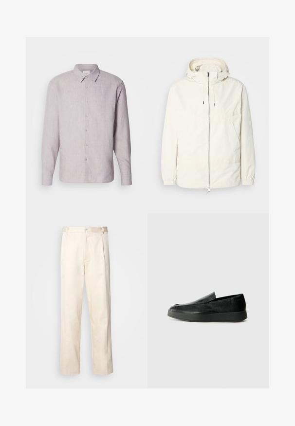 Ελαφριά, κρεμ τζάκετ με κουκούλα, φερμουάρ μπροστά, ελαστικούς μανσέτες και τσέπη καγκουρό. Λείο ύφασμα με ελάχιστες ραφές.; Ανοιχτό γκρι πουκάμισο από λινό με γιακά, μακριά μανίκια και κουμπιά στο μπροστινό μέρος. Διαθέτει μια διακριτική υφή και μαργαριτένια κουμπιά κατά μήκος της κουμπότρυπας.; Μπεζ βαμβακερό παντελόνι με ίσια γραμμή, διαθέτει κουμπί κλεισίματος και πτυχές στο μπροστινό μέρος για επιπλέον λεπτομέρεια.; Calvin Klein HYBRID CUP - Παπούτσια χωρίς κορδόνια - triple black