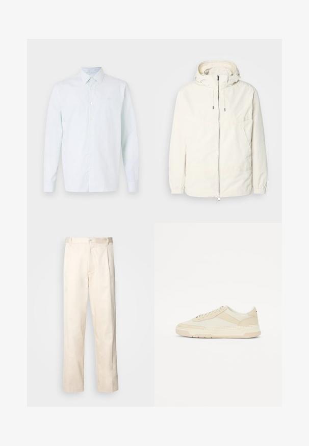 Lengvas, kreminės spalvos švarkas su kapišonu, užtrauktuku priekyje, elastingomis rankovėmis ir kengūros kišene. Lygus audinys su minimaliais siūlių detalėmis.; Šviesiai mėlynas ir baltas dryžuotas ilgomis rankovėmis marškiniai, mygtukų priekyje, smailiu apykakle, minkšta medžiaga, su maža logotipu ant krūtinės.; Bežinės medvilninės kelnės su tiesiu kirpimu, turinčios mygtuko uždarymą ir priekyje raukšles papildomai dekoratyviam akcentui.; Bežiniai sportbačiai, pagaminti iš lygaus odos ir tekstilės; žemas dizainas su apvaliu pirštu ir raišteliais; tekstūruoti šonų akcentai.