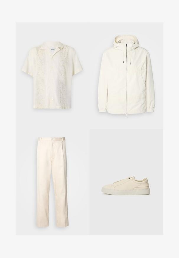 Kerge, kreemivärvi jakk, kapuutsiga, lukuga ees, elastsete mansettide ja känguru taskuga. Sile kangas minimaalsete õmblusdetailidega.; Lühikeste varrukatega, heledast beezist särk, millel on krae ja millel on mõlemal küljel ning ees peened lehemustrit tikitud, samuti nööbiga kinnitamine.; Beesidised puuvillased püksid sirge jala lõikega, mis on varustatud nööpkinnituse ja ees olevate voltidega, et lisada detaili.; Beige nahkased kingad ümmarguse varbaga, minimalistlik disain, peened õmbluse detailid ja tekstureeritud pealispind, heledal tallal.