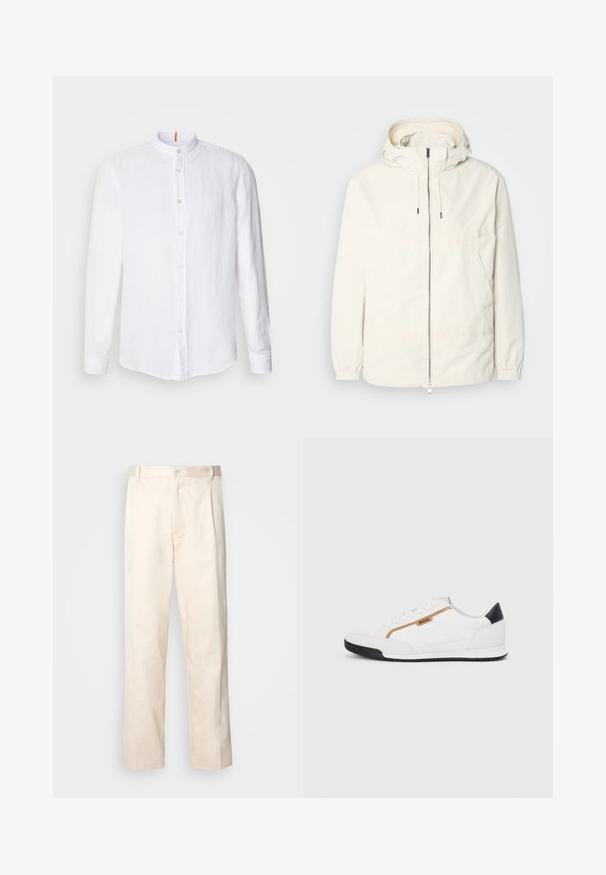 Lengvas, kreminės spalvos švarkas su kapišonu, užtrauktuku priekyje, elastingomis rankovėmis ir kengūros kišene. Lygus audinys su minimaliais siūlių detalėmis.; Balti lino marškiniai su mandarinų apykakle, priekyje užsegami mygtukais, ilgomis rankovėmis ir subtilia tekstūra. Ryškus oranžinis akcentas ant apykaklės.; Bežinės medvilninės kelnės su tiesiu kirpimu, turinčios mygtuko uždarymą ir priekyje raukšles papildomai dekoratyviam akcentui.; Balti sportiniai bateliai su tinklinėmis ir odinėmis detalėmis. Yra auksinė "BOSS" logotipas, tekstūruoti šonai ir juodas kulno dangtelis. Guminis padas.