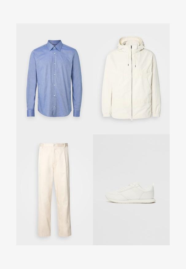 Lekka, kremowa kurtka z kapturem, zapinana na zamek, z elastycznymi mankietami i kieszenią typu kangur. Gładki materiał z minimalnymi detalami szwów.; Jasnoniebieska koszula z długim rękawem na guziki, wykonana z tkanej tkaniny o subtelnej fakturze, z ostrym kołnierzykiem i zaokrąglonym dołem.; Beżowe bawełniane spodnie o prostym kroju nogawki, z zapięciem na guziki i plisami z przodu dla dodatkowego zdobienia.; Białe trampki z siateczkową i syntetyczną cholewką, okrągłym noskiem, płaskimi sznurowadłami oraz teksturowanym paskiem bocznym. Gumowa podeszwa z pętelką z tyłu.