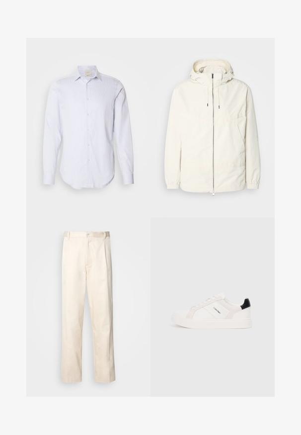 Könnyű, tejszínszínű dzseki kapucnival, cipzáras elülső résszel, rugalmas mandzsettákkal és kenguruzsebbel. Simaszerű anyag minimális varrási részletekkel.; Világoskék és fehér csíkos, hosszú ujjú ing, teljes gombos kivágással, hegyes gallérral és kerekített hempercsel. Pamut anyag, sima tapintás.; Beige pamut nadrág egyenes szárú kivágással, gombos záródással és elülső redőkkel a részletek fokozása érdekében.; Fehér sportcipők világos rózsaszín és fekete részletekkel, sima bőrből és velúrból készült panelek, kerek orr és lapos gumitalp.