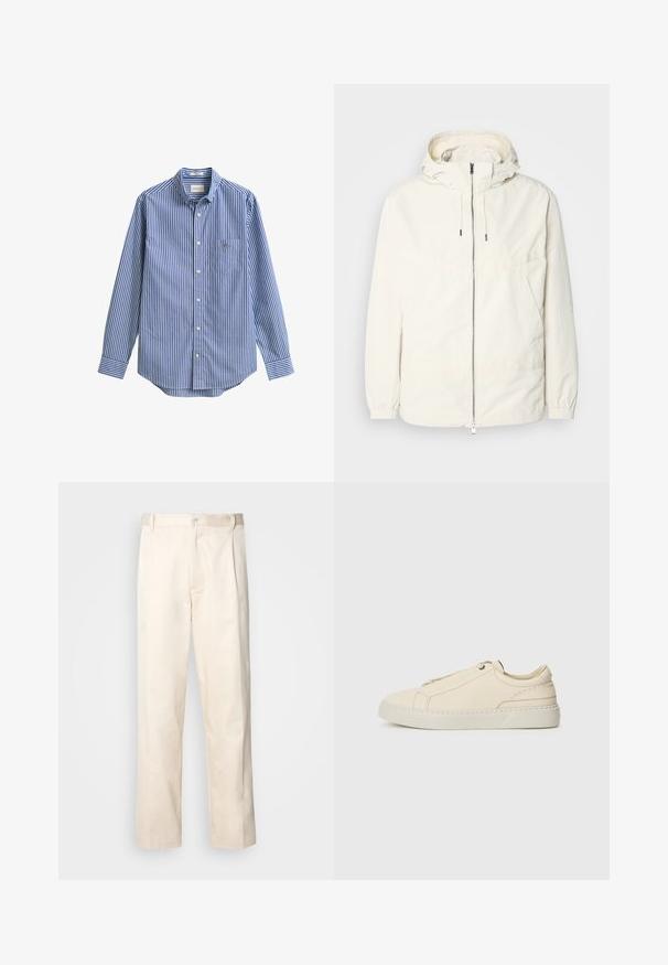 Lengvas, kreminės spalvos švarkas su kapišonu, užtrauktuku priekyje, elastingomis rankovėmis ir kengūros kišene. Lygus audinys su minimaliais siūlių detalėmis.; Mėlyna ir balta vertikaliai dryžuota ilgomis rankovėmis marškinėliai su užsegamu apykakle, vienu priekinės kišenės skydu ir apvalinta apačia. Lygus medvilnės audinys.; Bežinės medvilninės kelnės su tiesiu kirpimu, turinčios mygtuko uždarymą ir priekyje raukšles papildomai dekoratyviam akcentui.; Kreminio odos sportbačiai su apvaliu nosiu, minimalistiniu dizainu, subtiliomis siuvimo detalėmis ir tekstūrine viršutine dalimi, ant šviesios pado.
