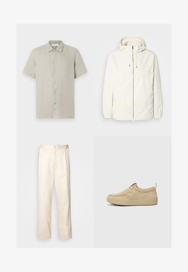 Kerge, kreemivärvi jakk, kapuutsiga, lukuga ees, elastsete mansettide ja känguru taskuga. Sile kangas minimaalsete õmblusdetailidega.; Beež värvi lühikeste varrukatega nööbitav särk kraega, valmistatud kerge kangaga, eestvaade valgel taustal.; Beesidised puuvillased püksid sirge jala lõikega, mis on varustatud nööpkinnituse ja ees olevate voltidega, et lisada detaili.; Beežid nubukist libisevad jalanõud ümarate varvastega, vähese õmblusega ja kummist tallaga. Pehme tekstuur ja diskreetne brändi aktsent kontsal.