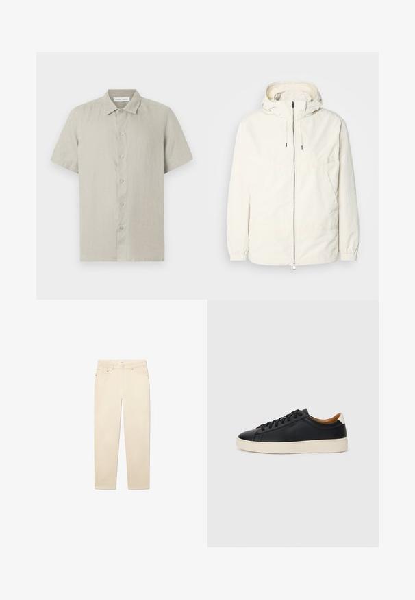 Kevyt, kermaisen valkoinen takki, jossa on huppu, vetoketjusuljenta, joustavat hihansuut ja kengurupocket. Sujuva kangas, jossa on minimaalista ompelutapaa.; Beige värinen lyhythihainen napillinen paitapusero, jossa on kaulus, valmistettu kevyestä kankaasta, etupuoli valkoisella taustalla.; Valkoinen beige farkut, joissa on suora lahkeensuun leikkaus, viisi taskua, nappi- ja vetoketjusulku sekä hienot ompelupilkku.; Mustat nahkasneakerit, joissa on sileä pinta, beige kumipohja, nauhakiinnitys ja erottuva kanta-aksentti.