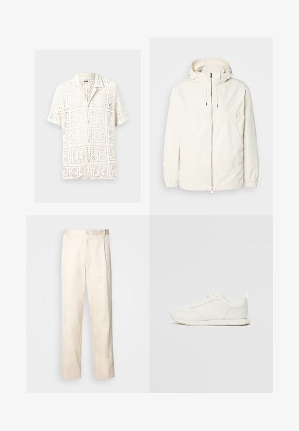 Lightweight, cream-colored jacket with a hood, zip front, elastic cuffs, and a kangaroo pocket. Smooth fabric with minimal stitching details.; White short-sleeve shirt featuring an openwork crochet pattern, with a collar and front buttons, displaying a grid design.; Beige cotton trousers with a straight-leg cut, featuring a button closure and pleats at the front for added detail.; White sneaker with a mesh and synthetic upper, round toe, flat laces, and a textured side stripe. Rubber sole with a pull tab at the back.