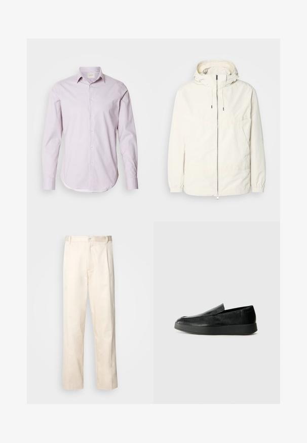 Giacca leggera di colore crema con cappuccio, chiusura frontale con zip, polsini elastici e tasca a marsupio. Tessuto liscio con dettagli di cucitura minimi.; Camicia a maniche lunghe rosa chiaro con piccoli pois bianchi, colletto button-down e orlo arrotondato. Realizzata in tessuto morbido con una leggera lucentezza.; Pantaloni in cotone beige con taglio dritto, dotati di chiusura a bottone e pence sul davanti per un tocco di dettaglio in più.; Calvin Klein HYBRID CUP - Scarpe senza lacci - triple black