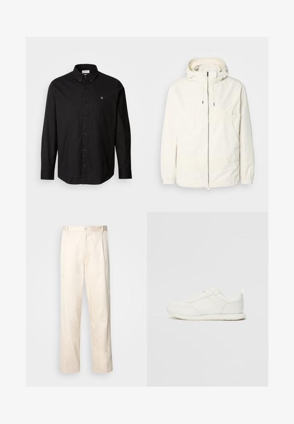 Lekka, kremowa kurtka z kapturem, zapinana na zamek, z elastycznymi mankietami i kieszenią typu kangur. Gładki materiał z minimalnymi detalami szwów.; Czarna koszula z guzikami, wykonana z bawełny, z klasycznym kołnierzykiem, długimi rękawami i małym logo CK na lewej piersi.; Beżowe bawełniane spodnie o prostym kroju nogawki, z zapięciem na guziki i plisami z przodu dla dodatkowego zdobienia.; Białe trampki z siateczkową i syntetyczną cholewką, okrągłym noskiem, płaskimi sznurowadłami oraz teksturowanym paskiem bocznym. Gumowa podeszwa z pętelką z tyłu.