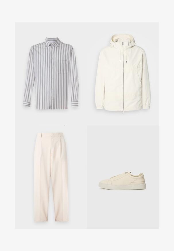 Gaisas, krēmkrāsas jaka ar kapuci, ar rāvējslēdzēju priekšpusē, elastīgām aprocēm un kangaroo kabatu. Gluda auduma virsma ar minimālām šuvju detaļām.; Gaiši pelēks pogājams krekls ar baltām vertikālām svītrām, garām piedurknēm, apkakli, vienu krūšu kabatu un smalku faktūru.; Beige pielāgotas bikses ar augsto vidukli, krokām un taisnu kāju dizainu. Izgatavotas no gludas auduma, ar sānu kabatām un tīru apdari.; Bežīga ādas kedas ar noapaļotu purngalu, minimālistisku dizainu, smalkiem stīgām un teksturētu virsmu uz gaišas zoles.
