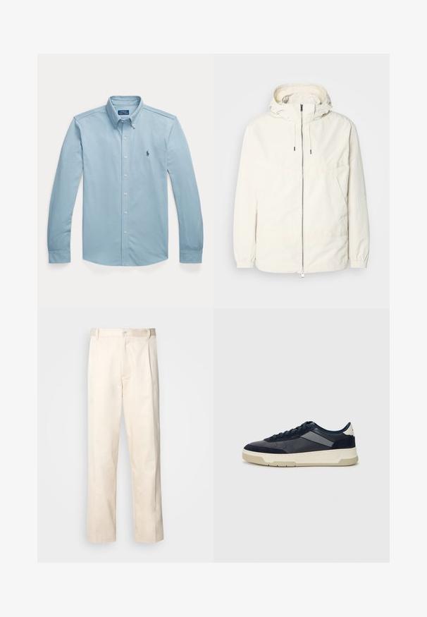 Lengvas, kreminės spalvos švarkas su kapišonu, užtrauktuku priekyje, elastingomis rankovėmis ir kengūros kišene. Lygus audinys su minimaliais siūlių detalėmis.; Šviesiai mėlyna ilgomis rankovėmis marškiniai su mygtukiniu apykakle ir mažuoju tamsiai mėlynu siuvinėtų polo žaidėjo logotipu kairėje krūtinės pusėje.; Bežinės medvilninės kelnės su tiesiu kirpimu, turinčios mygtuko uždarymą ir priekyje raukšles papildomai dekoratyviam akcentui.; BOSS BALTIMORE - Sportbačiai - open blue