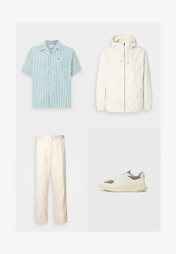 Könnyű, tejszínszínű dzseki kapucnival, cipzáras elülső résszel, rugalmas mandzsettákkal és kenguruzsebbel. Simaszerű anyag minimális varrási részletekkel.; Világos zöld, rövid ujjú ing, fehér függőleges csíkokkal. Gombos elülső záródással, egyetlen mellzsebbel és egy kis logóval a zseben.; Beige pamut nadrág egyenes szárú kivágással, gombos záródással és elülső redőkkel a részletek fokozása érdekében.; Fehér és világos bézs sportcipő, légies hálós felsőrésszel, perforált részletekkel és texturált középtalppal, amelyen a saroknál a márka logója található.