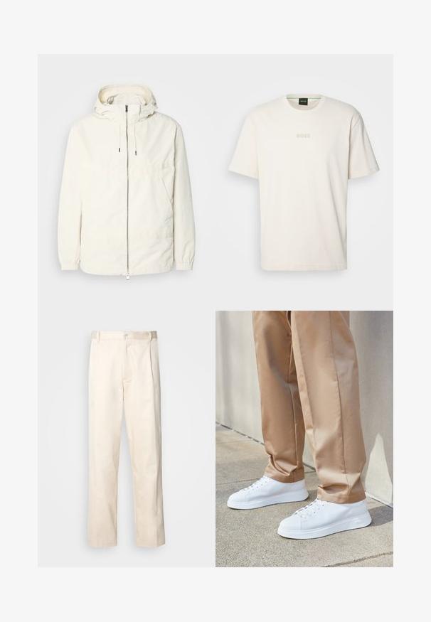 Könnyű, tejszínszínű dzseki kapucnival, cipzáras elülső résszel, rugalmas mandzsettákkal és kenguruzsebbel. Simaszerű anyag minimális varrási részletekkel.; BOSS TEE - Basic póló - open white; Beige pamut nadrág egyenes szárú kivágással, gombos záródással és elülső redőkkel a részletek fokozása érdekében.; Fehér bőr sportcipők sima felülettel, kerek orral, fehér fűzőkkel és minimalista dizájnnal. Világos barna, kicsípett nadrággal viselve.