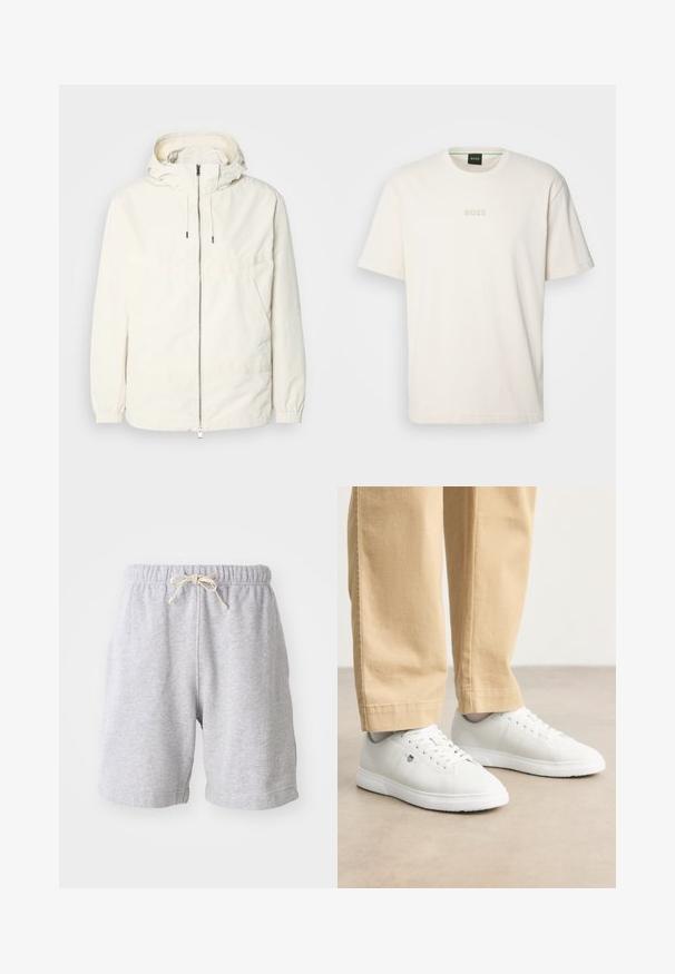 Ľahká, krémová bunda s kapucňou, zipsom vpredu, elastickými manžetami a klokannou vreckom. Hladká tkanina s minimálnymi stehovými detailmi.; BOSS TEE - Základné tričko - open white; Sivé bavlnené šortky s elastickým pásom a šnúrkou. Dĺžka do polovice stehna, s bočnými švami a jemnou textúrou. Bez vreciek a viditeľných vzorov.; Biele kožené tenisky s hladkým povrchom, s okrúlym špičkou, šnurovaním a jemným logom na boku, skombinované s béžovými nohavicami.