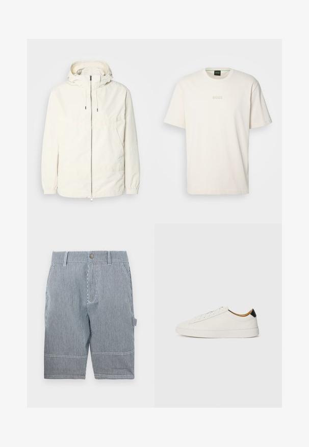 Lightweight, cream-colored jacket with a hood, zip front, elastic cuffs, and a kangaroo pocket. Smooth fabric with minimal stitching details.; BOSS TEE - Basic T-shirt - open white; Striped shorts in navy and white, featuring a belt loop, button closure, two side pockets, and a straight cut ending just above the knee.; White sneaker with a smooth leather upper, round toe, and flat sole. Black accent at the heel, featuring tonal laces and minimal branding.