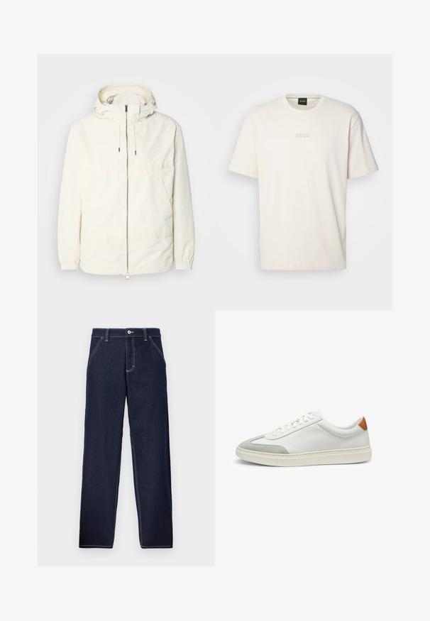 Lekka, kremowa kurtka z kapturem, zapinana na zamek, z elastycznymi mankietami i kieszenią typu kangur. Gładki materiał z minimalnymi detalami szwów.; BOSS - T-shirt basic; Ciemnoniebieskie dżinsowe spodnie o prostym kroju, z kontrastowym przeszyciem, zapięciem na guziki z przodu oraz tradycyjnym pięcioma kieszeniami.; Białe skórzane tenisówki z szarymi zamszowymi akcentami oraz brązowym skórzanym zapiętkiem. Posiadają teksturowaną powierzchnię i lekką podeszwę.