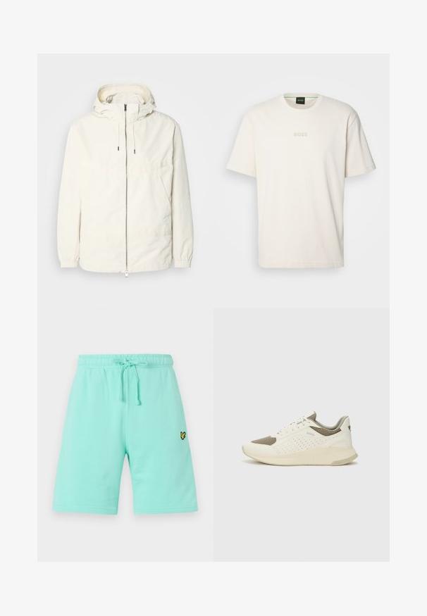 Lahka, svetločrna jakna s kapuco, z zadrgo spredaj, elastičnimi manšetami in kenguru žepom. Gladka tkanina z minimalnimi šivi.; BOSS TEE - Navadna majica - open white; Svetlo mint zelene kratke hlače iz bombaža z elastičnim pasom in nastavljivo vrvico, ki na sprednji strani vsebuje majhen črno-rumen logotip.; Beli in svetlo bež športni copat, s mrežastim zgornjim delom, perforiranimi detajli in teksturirano srednjim delom z blagovno znamko na peti.