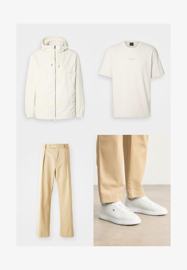 Lehká, krémově zbarvená bunda s kapucí, zipem vpředu, elastickými manžetami a klokaní kapsou. Hladká látka s minimem švových detailů.; BOSS TEE - Jednoduché tričko - open white; Béžové kalhoty s rovnými nohavicemi, s předními záhyby, zapínáním na knoflík a hladkou texturou. Bez viditelných vzorů či akcentů.; Bílé kožené tenisky s hladkým povrchem, kulatou špičkou, šněrováním a decentním logem na boku, spárované s béžovými kalhotami.