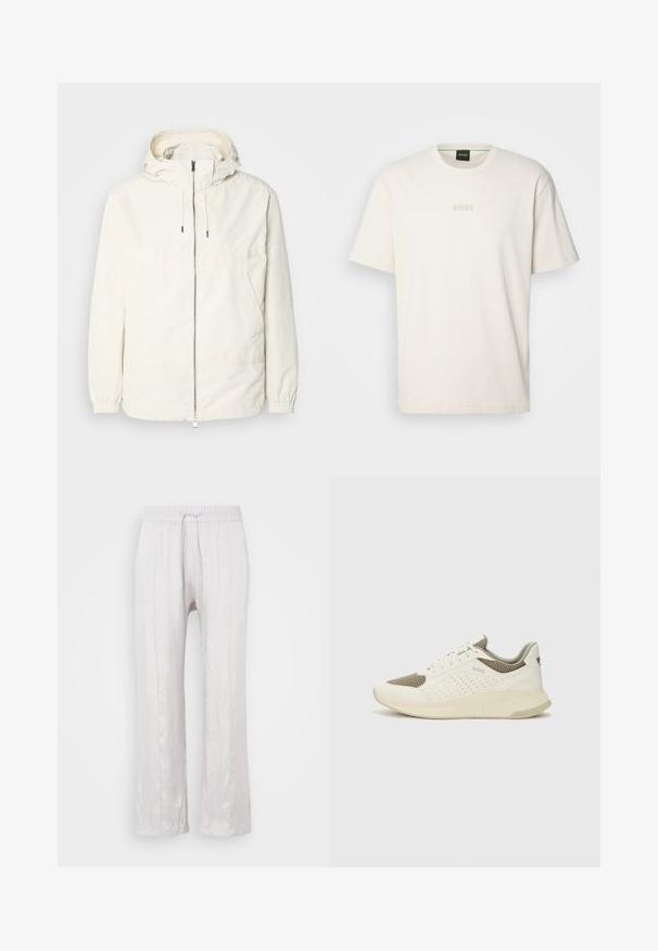 Lahka, svetločrna jakna s kapuco, z zadrgo spredaj, elastičnimi manšetami in kenguru žepom. Gladka tkanina z minimalnimi šivi.; BOSS TEE - Navadna majica - open white; Svetlo sivi, široki hlače iz gladkega materiala z elastičnim pasom in vrvico. Ravne noge z diskretnimi pregibi, brez vidnih vzorcev.; Beli in svetlo bež športni copat, s mrežastim zgornjim delom, perforiranimi detajli in teksturirano srednjim delom z blagovno znamko na peti.