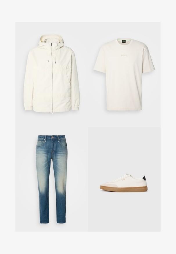 Kerge, kreemivärvi jakk, kapuutsiga, lukuga ees, elastsete mansettide ja känguru taskuga. Sile kangas minimaalsete õmblusdetailidega.; BOSS TEE - Lihtne T-särk - open white; Heledsinine teksapüksid, millel on kulunud viimistlus, viis taskut, nööpidega sulgemine, sirge lõike disain ja kontrastsed õmblused.; Valged tennisekad beežide aktsentidega, siledast nahast pealagi, ümar varvas ja kummist kummine tallaosa, musta kannatugedega ning peene brändimisega.