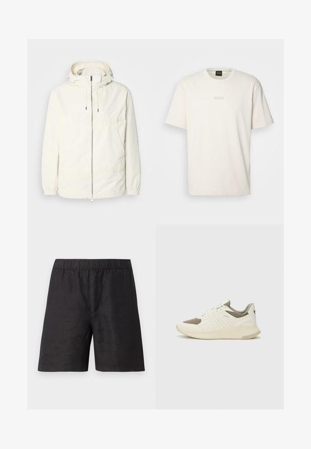 Könnyű, tejszínszínű dzseki kapucnival, cipzáras elülső résszel, rugalmas mandzsettákkal és kenguruzsebbel. Simaszerű anyag minimális varrási részletekkel.; BOSS TEE - Basic póló - open white; Fekete vászon sort rugalmas derékkal, laza fazonnal és sima textúrával. Nincsenek látható zsebek vagy jellegzetes minták.; Fehér és világos bézs sportcipő, légies hálós felsőrésszel, perforált részletekkel és texturált középtalppal, amelyen a saroknál a márka logója található.