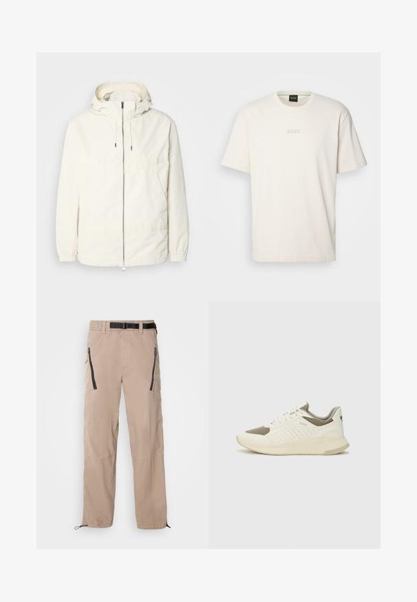 Kerge, kreemivärvi jakk, kapuutsiga, lukuga ees, elastsete mansettide ja känguru taskuga. Sile kangas minimaalsete õmblusdetailidega.; BOSS TEE - Lihtne T-särk - open white; Beige kerge nagu õhk püksid elastse vöökoha ja musta vöödiga, millel on lukuga taskud ja reguleeritavad pahkluud. Sile kangastekstuur.; Valge ja heledat beeži värvi spordijalats, millel on õhuke võrkmaterjal, perforatsioonidega detailid ning tekstuuriga vahetald, millel on brändi logo kannaosas.