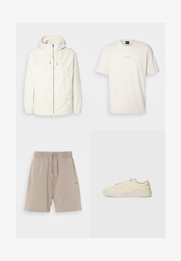 Lehká, krémově zbarvená bunda s kapucí, zipem vpředu, elastickými manžetami a klokaní kapsou. Hladká látka s minimem švových detailů.; BOSS TEE - Jednoduché tričko - open white; Bežové bavlněné šortky s elastickým pasem, stahovací šňůrkou a bočními kapsami. Hladká textura s potiskem loga na noze.; Krémové kožené tenisky s kulatou špičkou, minimalistickým designem, jemnými švy a texturovaným svrškem, na světlé podrážce.