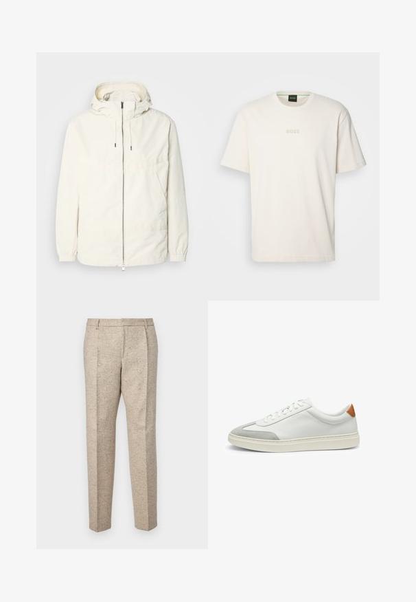 Giacca leggera di colore crema con cappuccio, chiusura frontale con zip, polsini elastici e tasca a marsupio. Tessuto liscio con dettagli di cucitura minimi.; BOSS TEE - T-shirt basic - open white; Pantaloni beige su misura realizzati in tessuto texturizzato, caratterizzati da due pince frontali, passanti per cintura e un design a gamba dritta.; Sneakers bianchi in pelle con accenti in suede grigio e un tallone in pelle beige. Presentano una superficie testurizzata e una suola leggera.