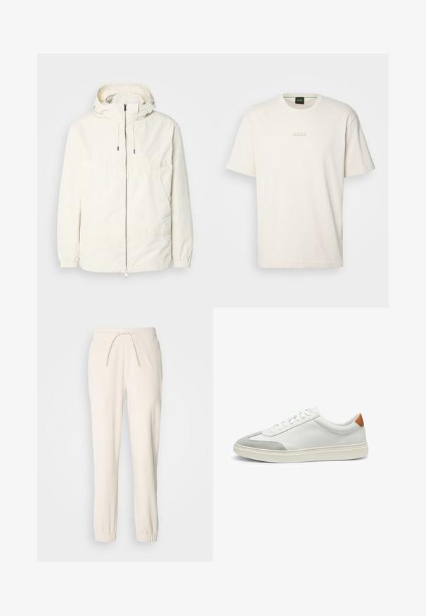 Lightweight, cream-colored jacket with a hood, zip front, elastic cuffs, and a kangaroo pocket. Smooth fabric with minimal stitching details.; BOSS TEE - Basic T-shirt - open white; BOSS LARSEN - Trousers - open white; White leather sneakers with gray suede accents and a tan leather heel tab. Features a textured surface and lightweight sole.