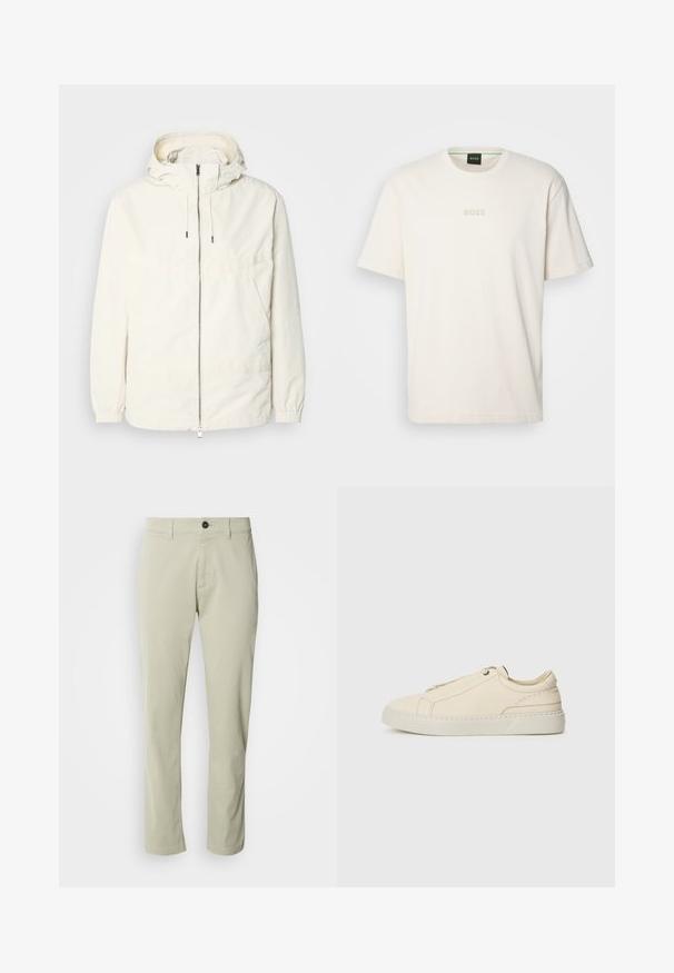 Könnyű, tejszínszínű dzseki kapucnival, cipzáras elülső résszel, rugalmas mandzsettákkal és kenguruzsebbel. Simaszerű anyag minimális varrási részletekkel.; BOSS TEE - Basic póló - open white; Beige színű, egyenes szabású, pamut chino nadrág, cipzáros zipzárral és egyetlen gombbal záródik. Övhurkokkal rendelkezik, sima textúrájú.; Beige bőr sneaker, lekerekített orral, minimalista dizájnal, finom varrási részletekkel és texturált felsőrésszel, világos talpon.