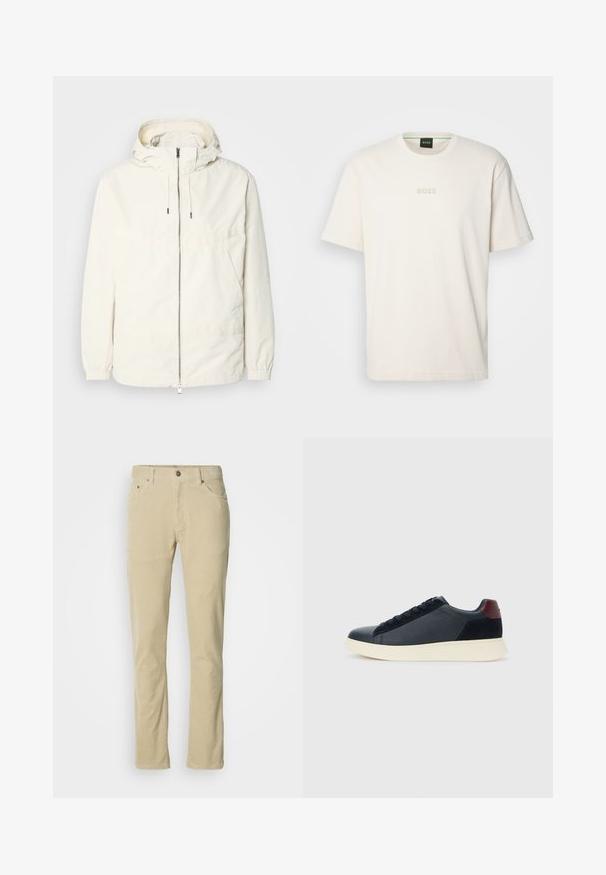 Kerge, kreemivärvi jakk, kapuutsiga, lukuga ees, elastsete mansettide ja känguru taskuga. Sile kangas minimaalsete õmblusdetailidega.; BOSS TEE - Lihtne T-särk - open white; Beige volditud püksid, millel on esine nupp, tõmblukk, viis taskut ja sirge lõige, klassikalise valge tausta ees.; Madala stiilis meeste toss mustast nahast ja seemisnahast, marooni värvi kanna detailiga ja valge kummist tallaga, vaatega välisküljelt.