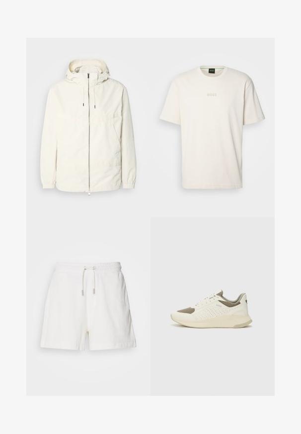 Kerge, kreemivärvi jakk, kapuutsiga, lukuga ees, elastsete mansettide ja känguru taskuga. Sile kangas minimaalsete õmblusdetailidega.; BOSS TEE - Lihtne T-särk - open white; Valged, pehmed puuvillased lühikesed püksid elastse vöökohaga, reguleeritava nööriga ja küljetaskutega. Sile tekstuur, mugav lõige ja reie keskmise pikkusega.; Valge ja heledat beeži värvi spordijalats, millel on õhuke võrkmaterjal, perforatsioonidega detailid ning tekstuuriga vahetald, millel on brändi logo kannaosas.
