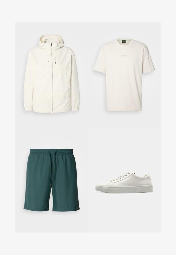 Veste légère de couleur crème avec capuche, fermeture éclair sur le devant, poignets élastiques et poche kangourou. Tissu lisse avec des détails de couture minimaux.; BOSS TEE - T-shirt basique - open white; Shorts verts légers avec une taille élastique et un cordon de serrage, présentant une texture lisse et des poches latérales pour plus de commodité.; Baskets en cuir blanc avec un bout arrondi, design minimaliste, lacets gris et semelle en caoutchouc gris texturé. Détails de couture subtils visibles.