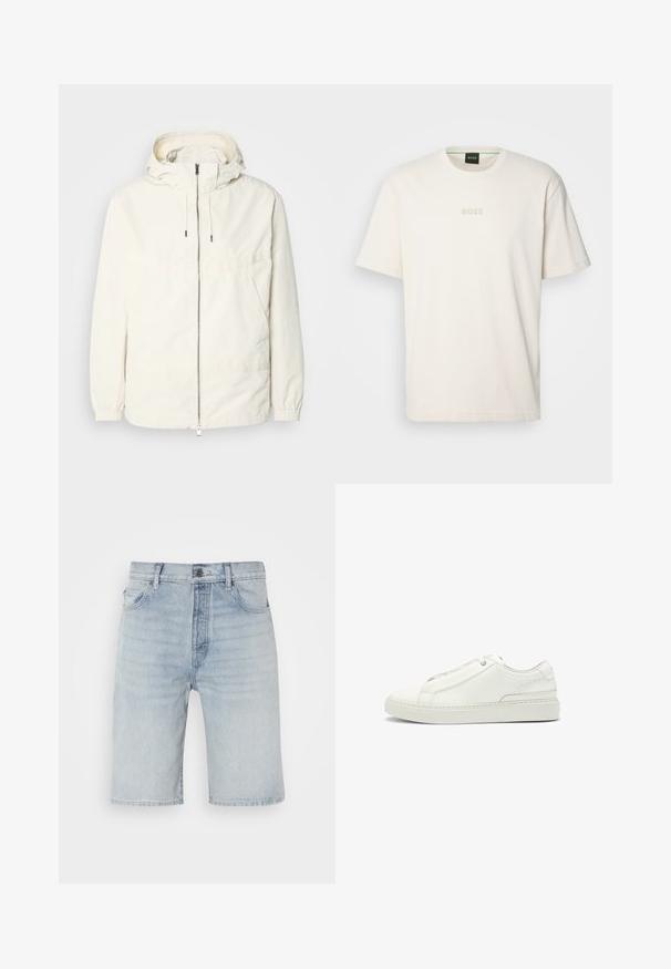 Lightweight, cream-colored jacket with a hood, zip front, elastic cuffs, and a kangaroo pocket. Smooth fabric with minimal stitching details.; BOSS TEE - Basic T-shirt - open white; Light blue denim shorts with a straight cut. Features a button fastening, five pockets, and subtle fading on the fabric.; White leather sneaker featuring a textured upper, a round toe, minimalistic design, and a rubber sole with stitched detailing.