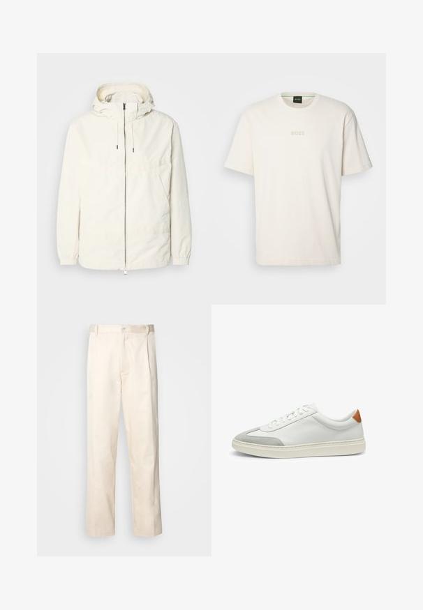 Giacca leggera di colore crema con cappuccio, chiusura frontale con zip, polsini elastici e tasca a marsupio. Tessuto liscio con dettagli di cucitura minimi.; BOSS TEE - T-shirt basic - open white; Pantaloni in cotone beige con taglio dritto, dotati di chiusura a bottone e pence sul davanti per un tocco di dettaglio in più.; Sneakers bianchi in pelle con accenti in suede grigio e un tallone in pelle beige. Presentano una superficie testurizzata e una suola leggera.